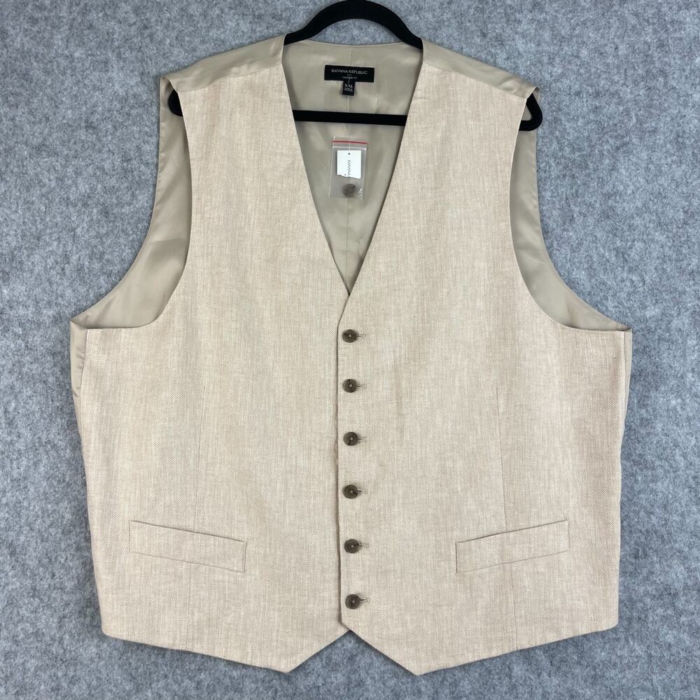 Banana Republic Waistcoat Vest Mens XXL Beige Linen Blend Tailored Herringbone